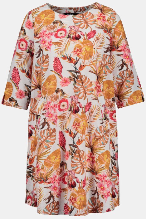 Robe, lin, imprimé feuilles, manches courtes