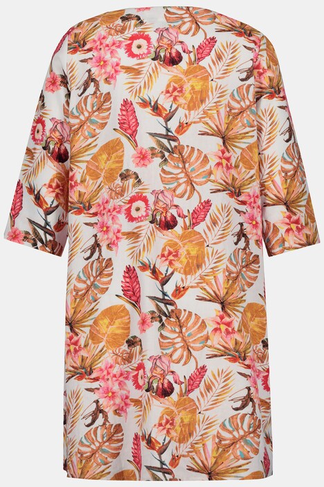 Robe, lin, imprimé feuilles, manches courtes