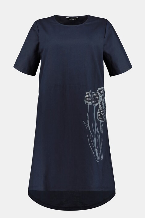 Robe midi, fleur, rivets, ligne A, manches courtes