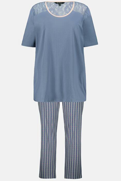 Pyjama, Spitze, Blütenstreifen, Halbarm