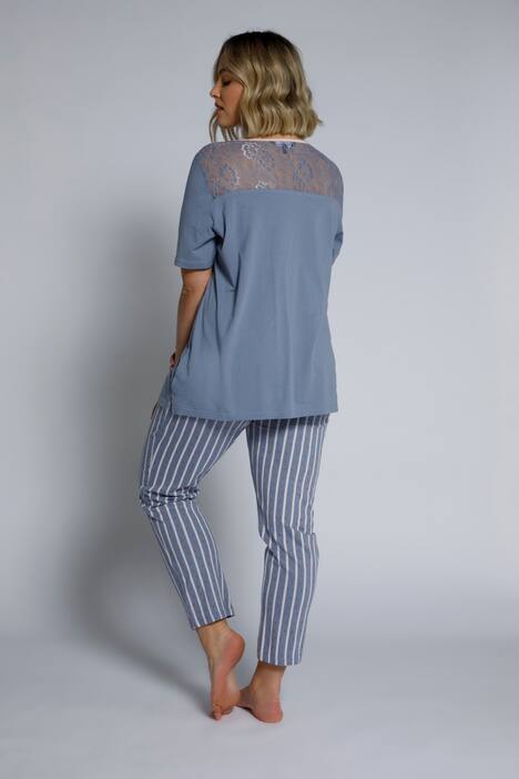 Pyjama, Spitze, Blütenstreifen, Halbarm