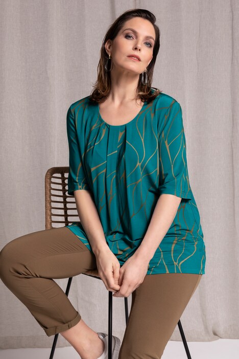 Wavy Line Pleat Front A-line Fit Slinky Stretch Knit Top