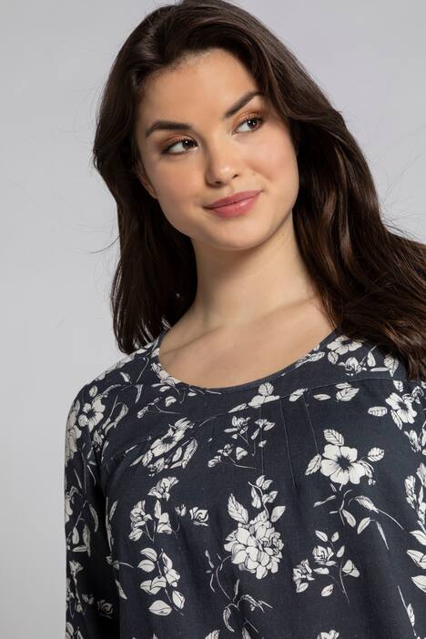 Leinenkleid, Blüten, Midi-Länge, 3/4-Arm, Zipfelsaum