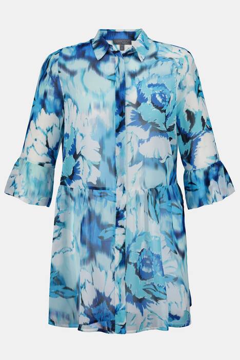 blouse, lange, biezen, 3/4-mouwen, bloemendessin