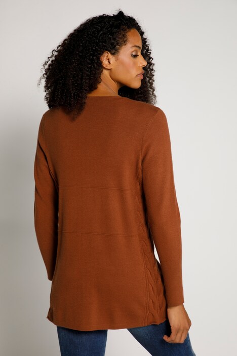 Strickjacke, seitliche Zopfmuster, Rundhals, Feinstrick