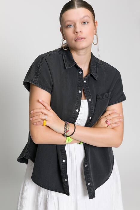 Camisa vaquera, oversize, cuello camisero, sin mangas,e xtrasuave