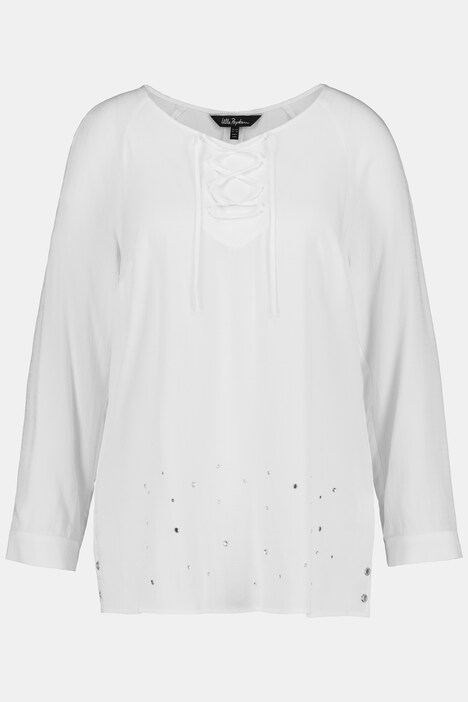 Túnica, cordones, cuello de pico, pedrería, manga larga
