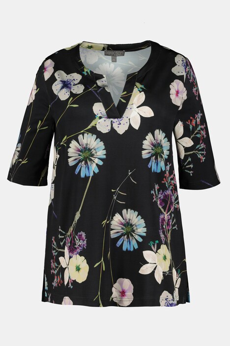 Floral Print Round Notch Neck Slinky Stretch Knit Top