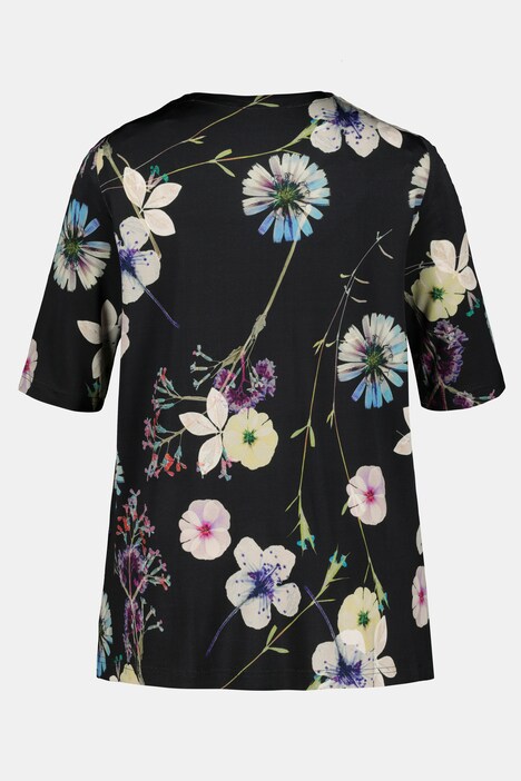 Floral Print Round Notch Neck Slinky Stretch Knit Top