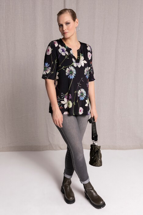 Floral Print Round Notch Neck Slinky Stretch Knit Top