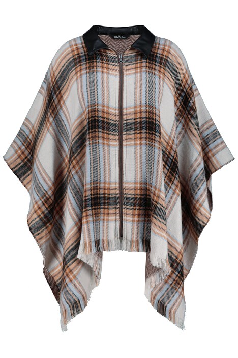 Oboustranná pelerína, kostkovaná / kožený vzhled, oversize, třásně