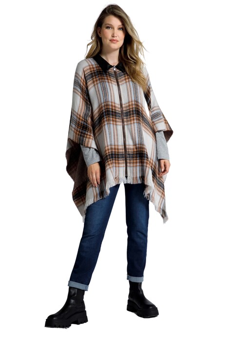 Oboustranná pelerína, kostkovaná / kožený vzhled, oversize, třásně
