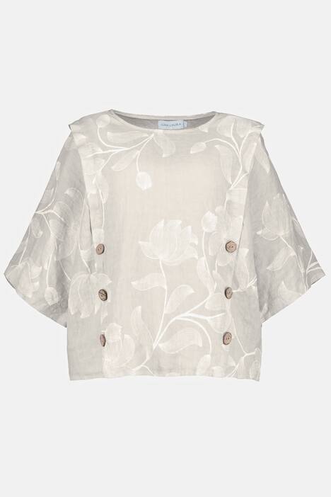 Leinenbluse, Blüten, Oversized, Rundhals, 3/4-Arm