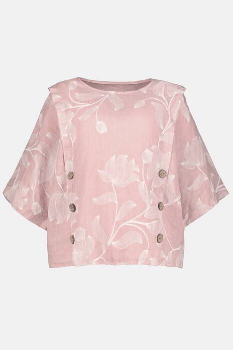 Leinenbluse, Blüten, Oversized, Rundhals, 3/4-Arm