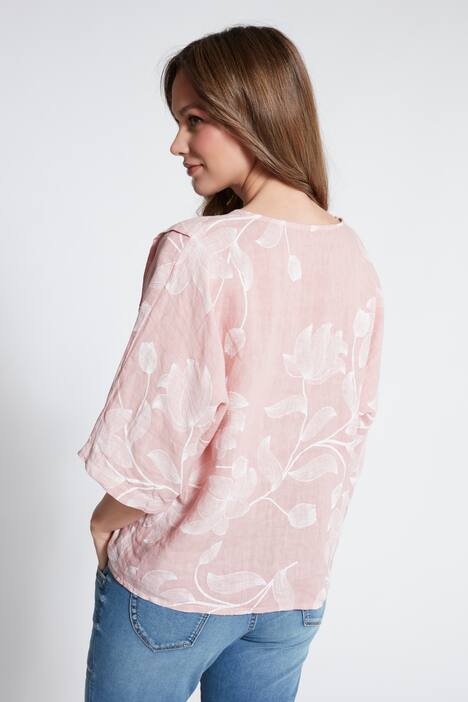 Leinenbluse, Blüten, Oversized, Rundhals, 3/4-Arm