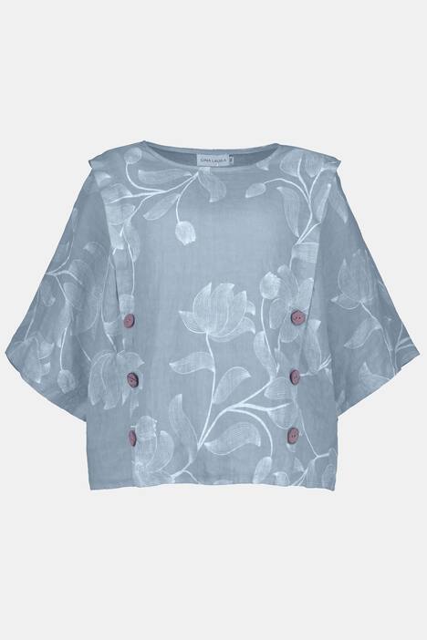 Leinenbluse, Blüten, Oversized, Rundhals, 3/4-Arm