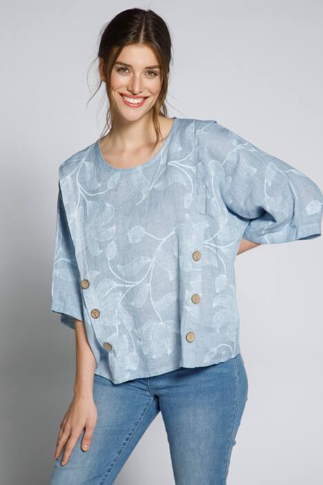Leinenbluse, Blüten, Oversized, Rundhals, 3/4-Arm