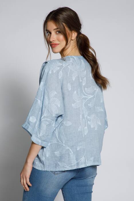 Leinenbluse, Blüten, Oversized, Rundhals, 3/4-Arm