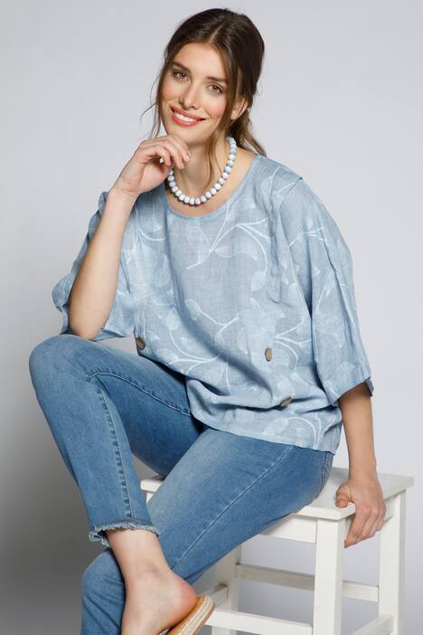 Leinenbluse, Blüten, Oversized, Rundhals, 3/4-Arm