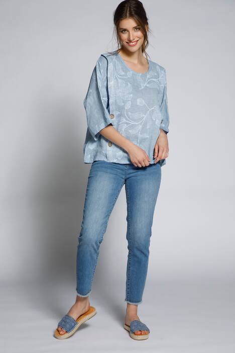 Leinenbluse, Blüten, Oversized, Rundhals, 3/4-Arm