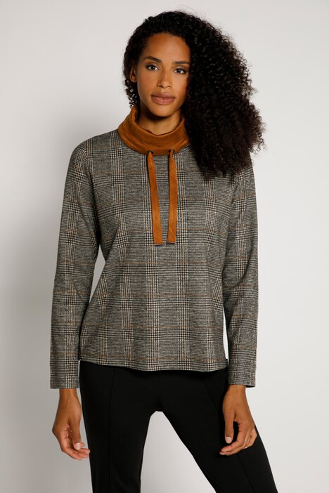Sweatshirt, Karo, Veloursdetails, Rollkragen, Langarm