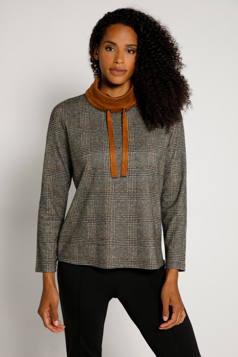 Sweatshirt, Karo, Veloursdetails, Rollkragen, Langarm