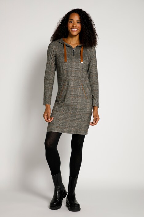 Sweatkleid, Karo, Veloursdetails, Kapuze, Langarm