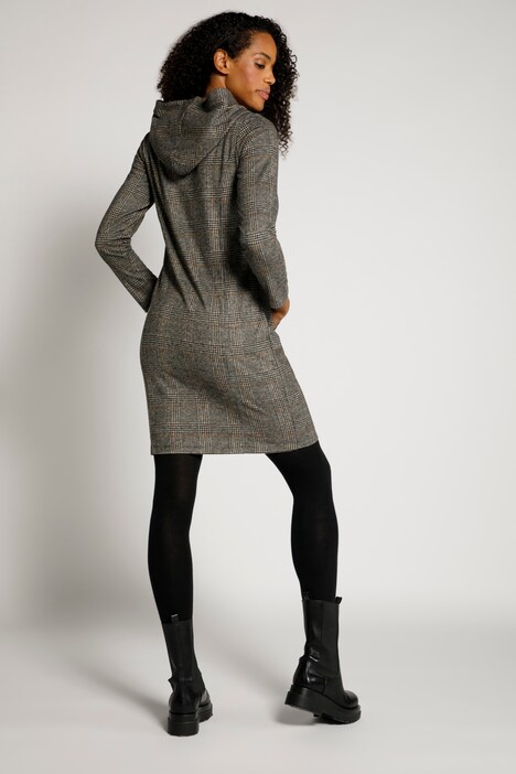 Sweatkleid, Karo, Veloursdetails, Kapuze, Langarm