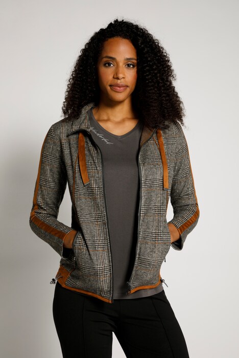 Sweatjacke, Karo, Stehkragen, Saumband, Langarm