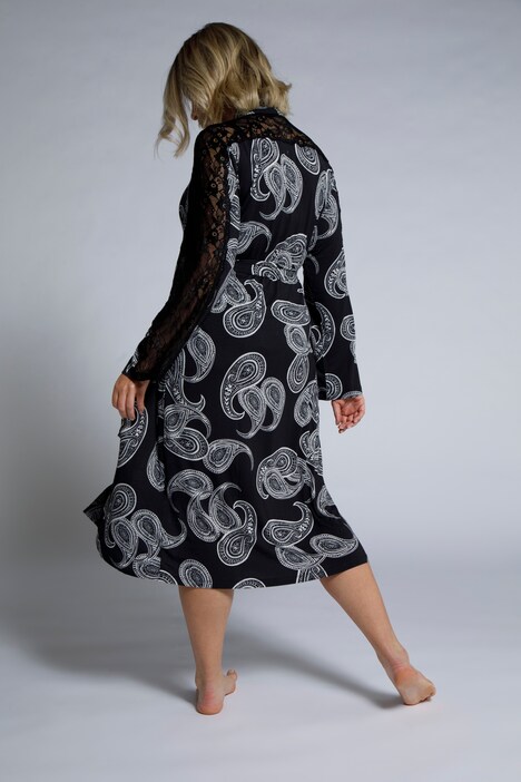 Morgenmantel, Paisley-Design, Spitze, Langarm