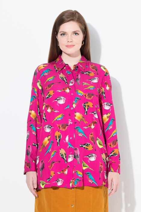 Chemisier, oiseaux, col chemise, manches longues