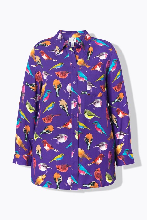 Chemisier, oiseaux, col chemise, manches longues