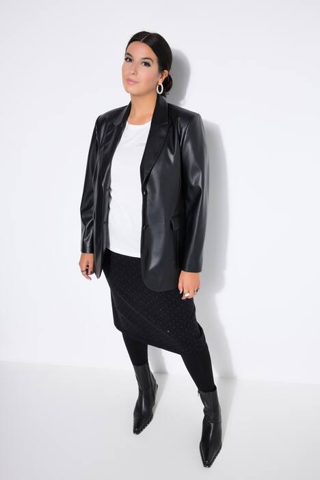 blazer, oversized, lange mouwen, revers, leerlook