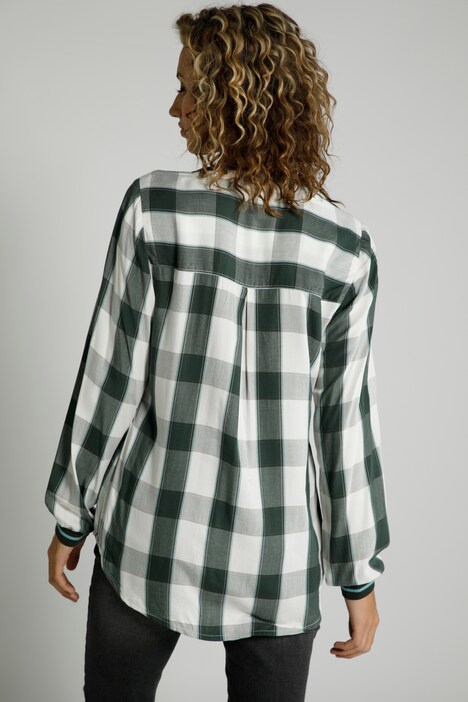 Bluse, Karomuster, offener Rundhals, Langarm, hochwertige Viskose