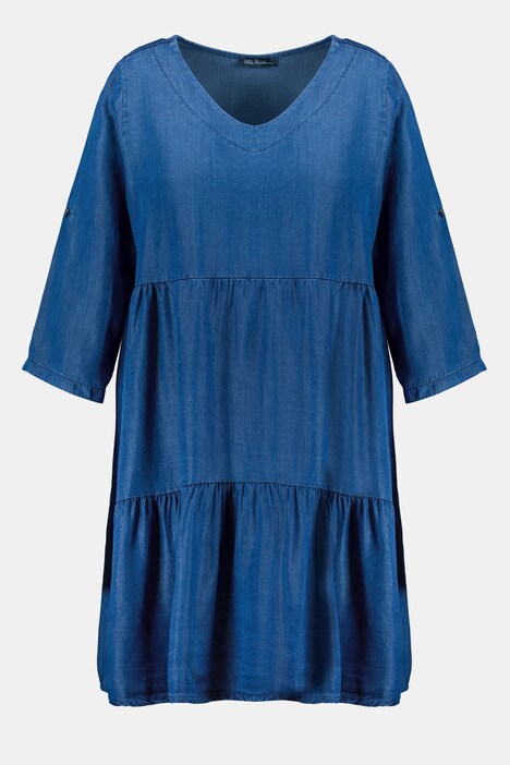 Robe à volants, look denim, long. midi, manches 3/4, lyocell
