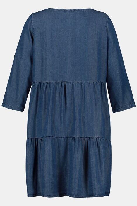 Robe à volants, look denim, long. midi, manches 3/4, lyocell