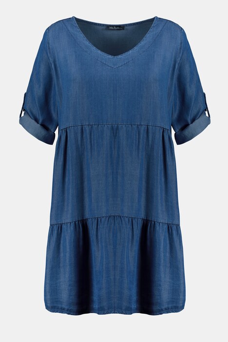 Robe à volants, look denim, long. midi, manches 3/4, lyocell