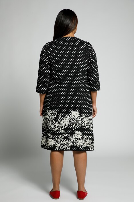 Robe midi, pois, base fleurie, manches 3/4