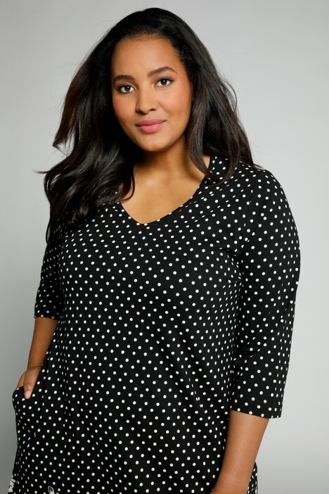 Robe midi, pois, base fleurie, manches 3/4