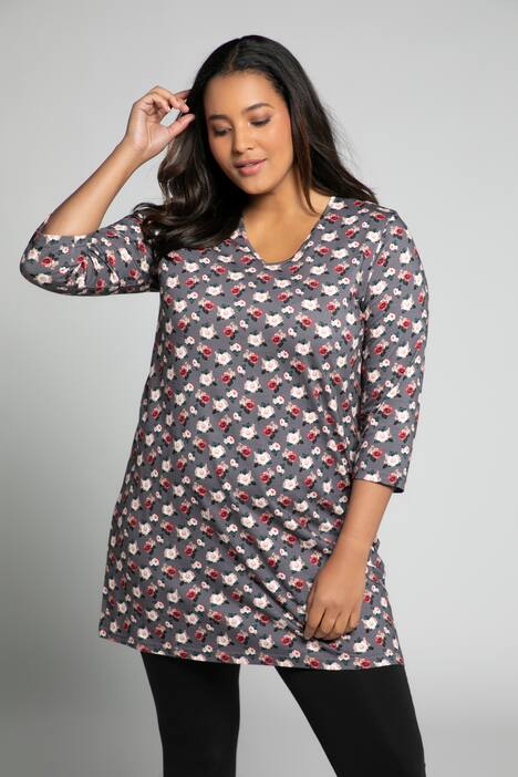 Longshirt, roser, V-udskæring, 3/4-ærmer