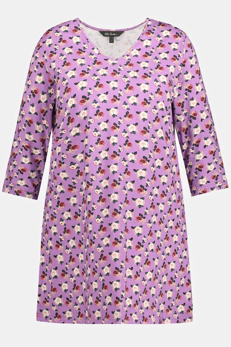 Maglia lunga con rose, scollo a V e maniche a 3/4
