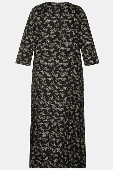 Robe maxi, fleurs, col rond trou de serrure, manches 3/4