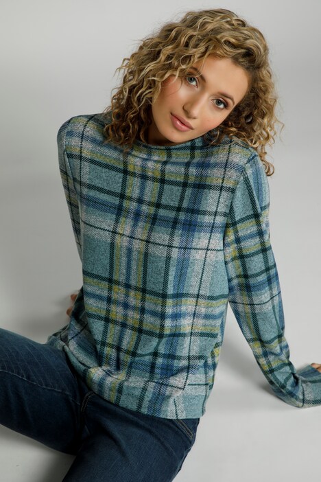 Sweatshirt, Karo, Stehkragen, Langarm, weicher Feinstrick