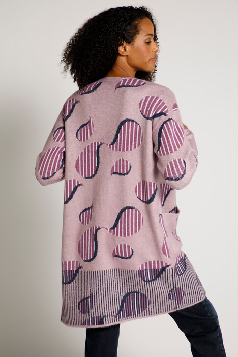 Jacquard-Strickjacke, offene Form, V-Ausschnitt, Langarm