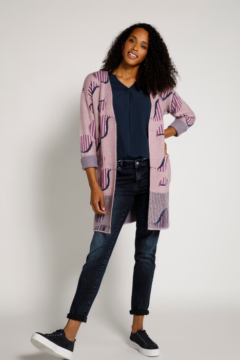 Jacquard-Strickjacke, offene Form, V-Ausschnitt, Langarm