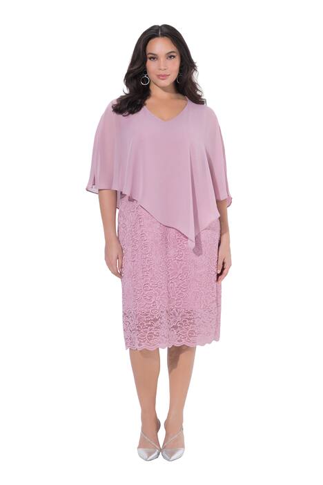 Večerní šaty, šifonová pelerína, žerzej, krajkový lem, 3/4 rukávy