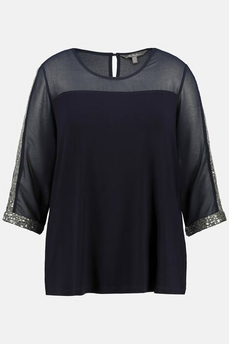shirtblouse, pailletten, 3/4-mouwen, chiffon, jersey