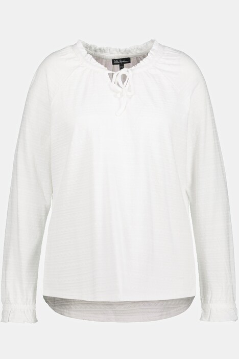 Bluse, struktur, ståkrage, rysjer, langermet, volang