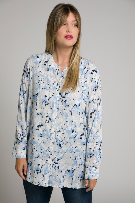 Cloud Print Button Front Roll-Tab Sleeve Blouse
