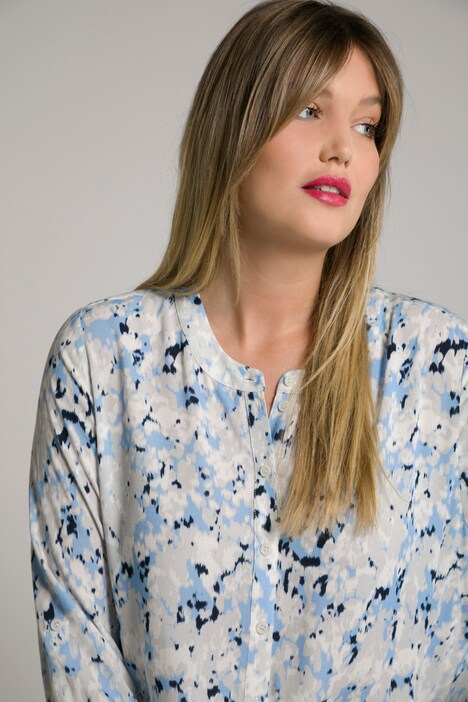 Cloud Print Button Front Roll-Tab Sleeve Blouse